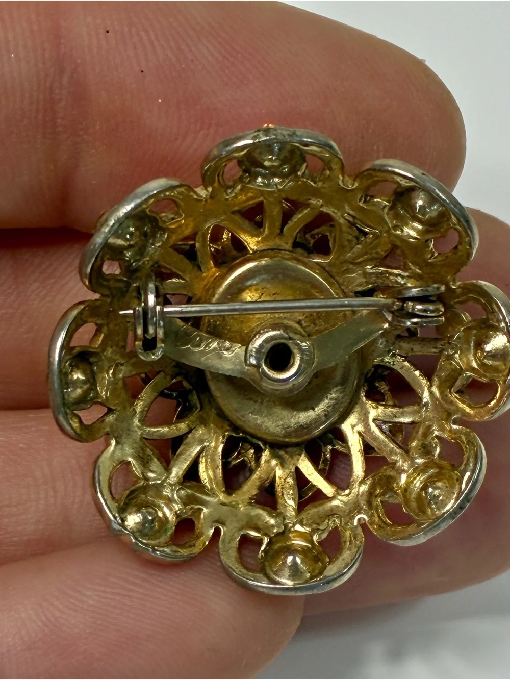 Coro Gold-Tone Heart Shaped Ornate Filigree Brooch with Amber and Black Stones